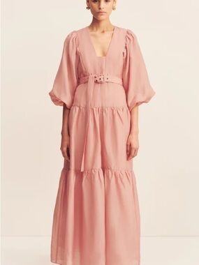 Shona Joy Blush Pink V-Neck Tiered Maxi Dress with Belted Waist